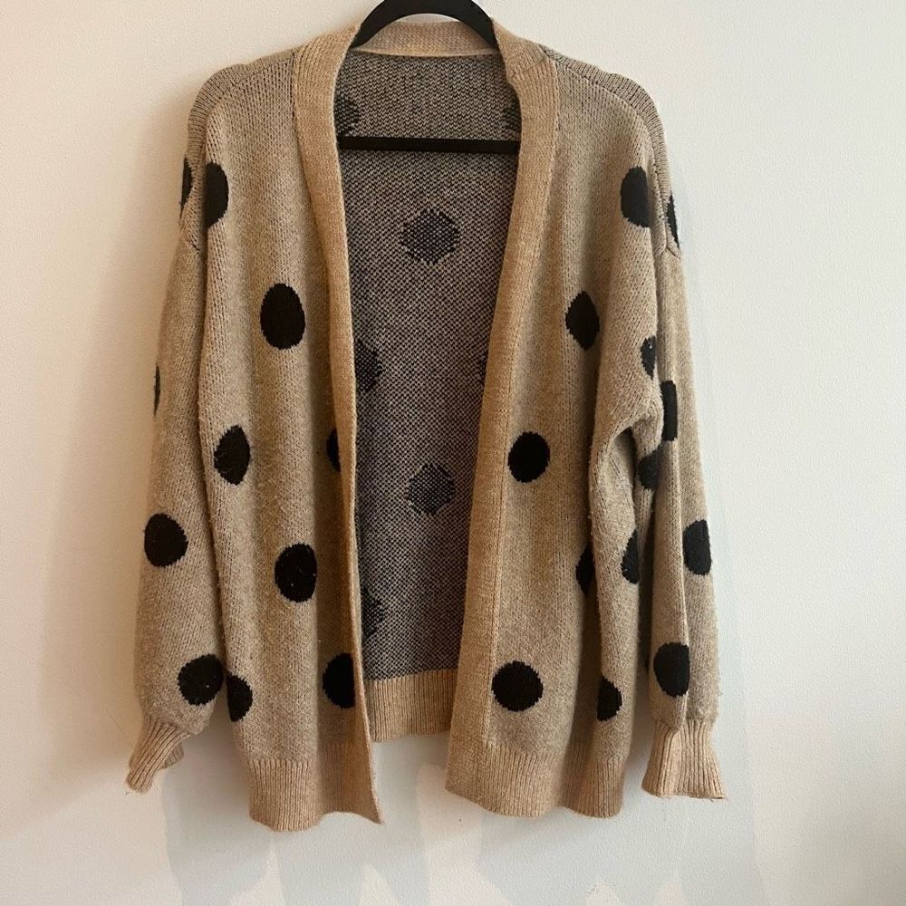 Tan and Black Polka Dot Open Front Knitted Drape Cardigan - Medium
